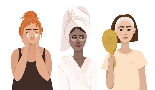 Mujeres que usan cremas y espejos para el cuidado de la piel.