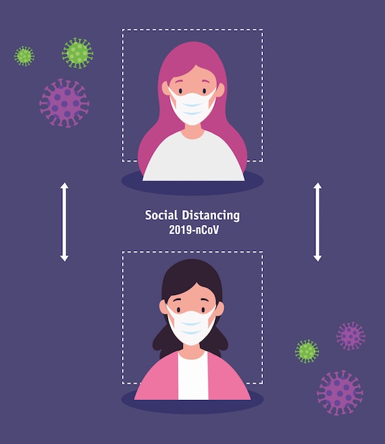 Mujeres que usan mascarilla y distanciamiento social para covid19