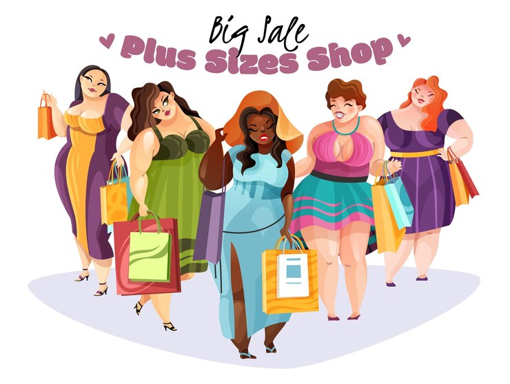 Vector gratuito mujeres regordetas felices con compras después de tallas grandes comprar con gran venta plana