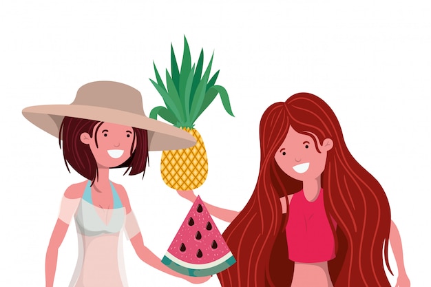 Mujeres con traje de baño y frutas tropicales en la mano.