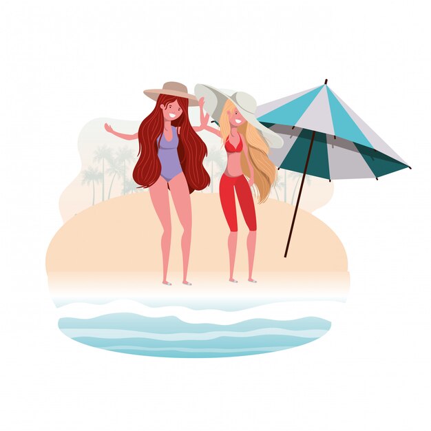 Mujeres con traje de baño en la playa y sombrilla.