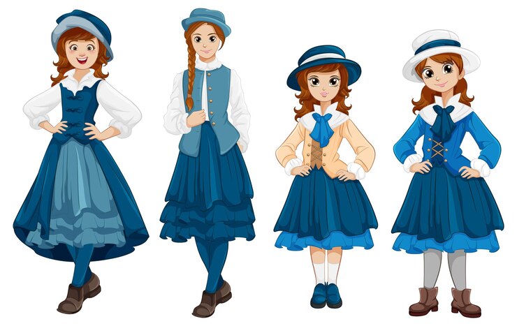 Vector gratuito mujeres vintage con vestidos azules una ilustración vectorial