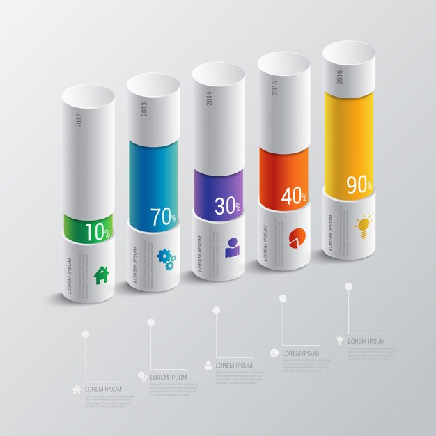 Multicolor 5 pasos línea de tiempo indicador gráfico de barras plantilla de vector de infografía. Concepto de informe financiero.