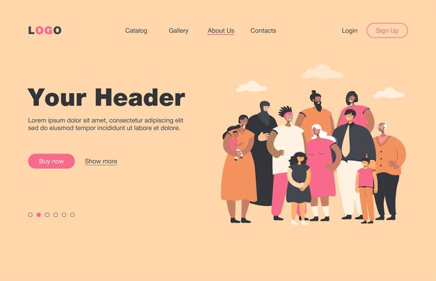 Multinacional multitud de personas parados juntos página de destino plana. Retrato de dibujos animados diversos jóvenes y ancianos, mujeres y niños. Concepto de sociedad y comunidad multicultural