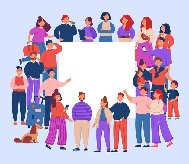 Multitud de diferentes personas alrededor de carteles o carteles en blanco. Comunidad multicultural de pie juntos ilustración vectorial plana. Sociedad, concepto de población para banner o página web de destino