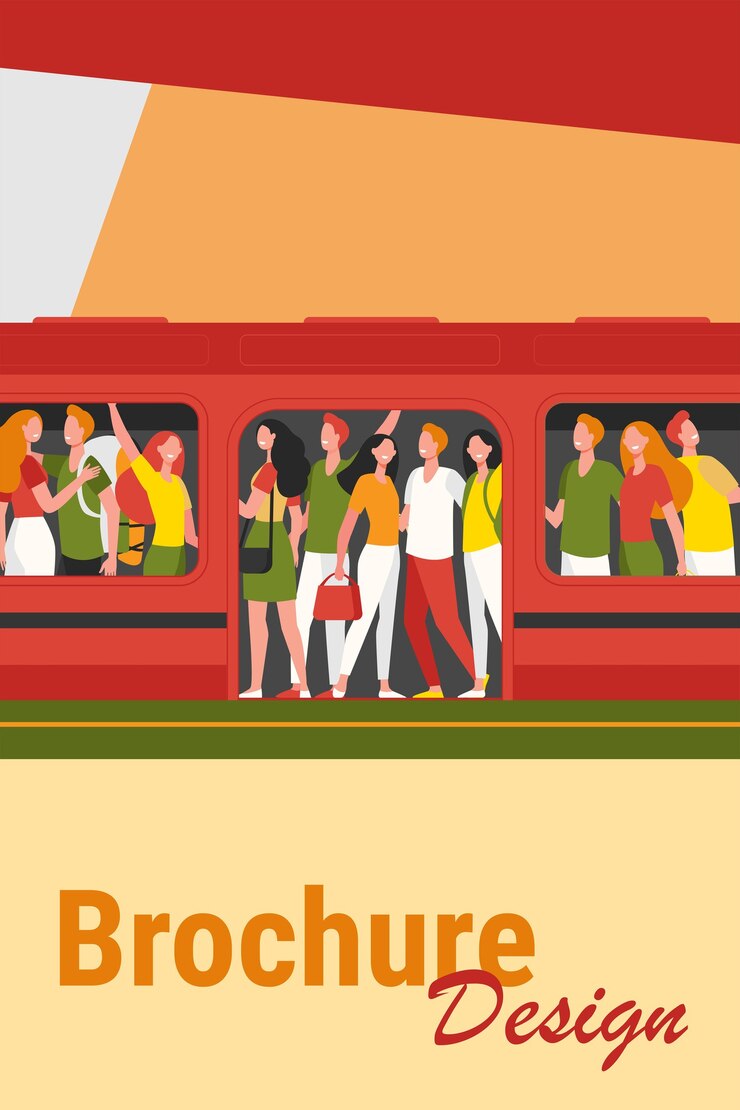 Vector gratuito multitud de gente feliz viajando en metro. pasajeros de pie en vagón de metro abarrotado en la estación. ilustración de dibujos animados de superpoblación, hora punta, transporte público, concepto de viajeros