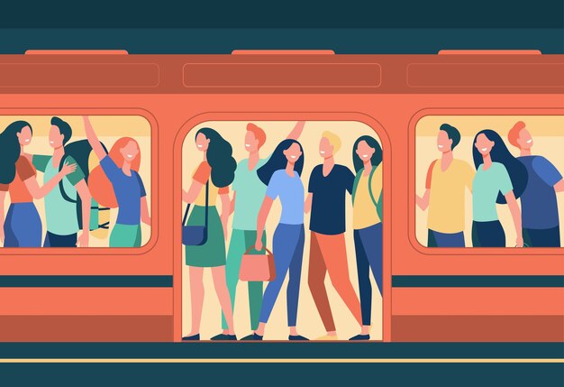 Multitud de gente feliz viajando en metro. Pasajeros de pie en vagón de metro abarrotado en la estación. Ilustración de dibujos animados de superpoblación, hora punta, transporte público, viajeros.