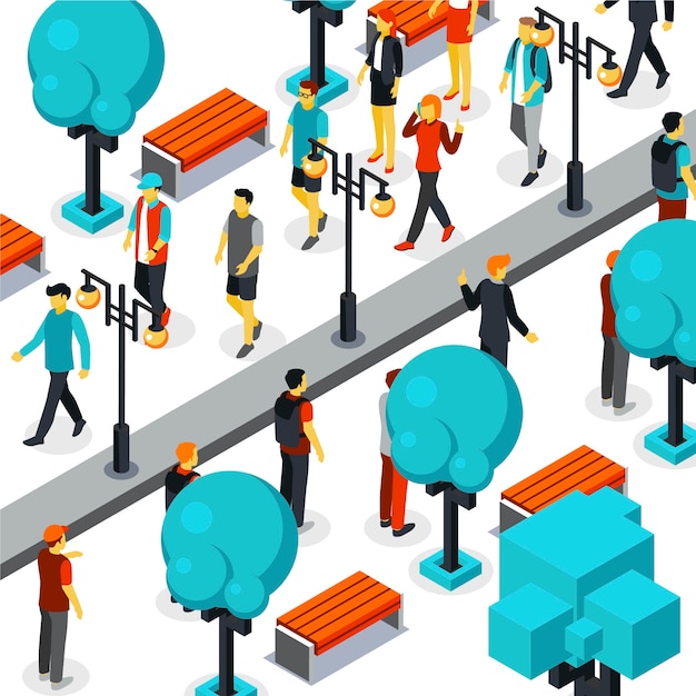 Vector gratuito multitud isométrica de personas caminando ilustración