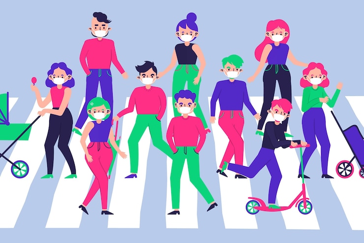 Vector gratuito multitud de personas con máscaras faciales