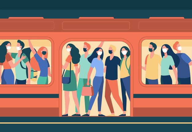 Multitud de personas con máscaras de pie en el metro. Transporte público, pasajeros, viajeros ilustración vectorial plana. Covid, epidemia, protección