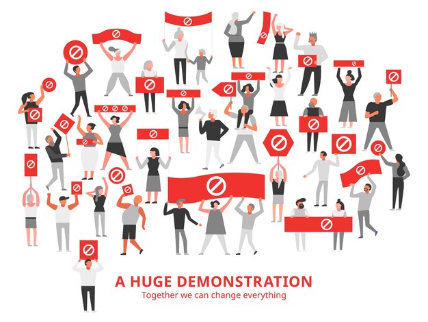 Multitud de personas que protestan con carteles de prohibición en carteles rojos durante la gran demostración blanca ilustración