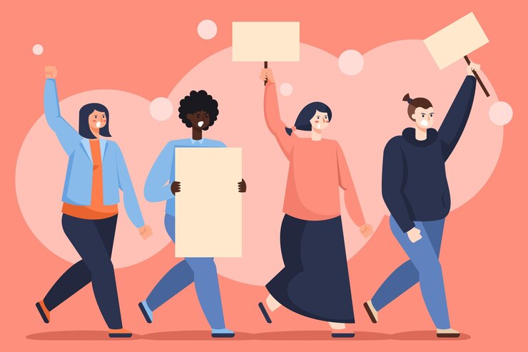 Vector gratuito multitud de personas sosteniendo pancartas y protestando