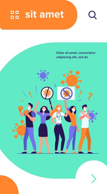 Multitud protestando contra el coronavirus. Personas que usan máscaras médicas, sosteniendo carteles con señal de stop virus