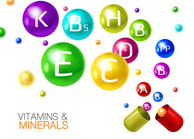 Multivitaminas esenciales con minerales en cápsulas, píldoras, composición colorida realista con bolas de vitamina voladoras 3d