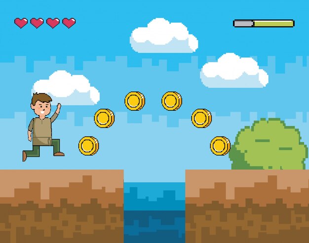 Mundo de juego de arcade y escena de píxeles.