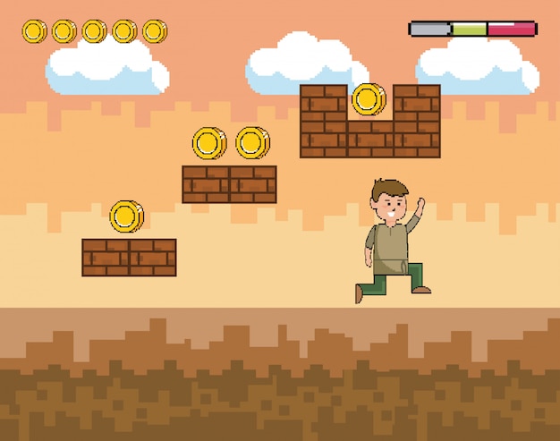 Mundo de juego de arcade y escena de píxeles.