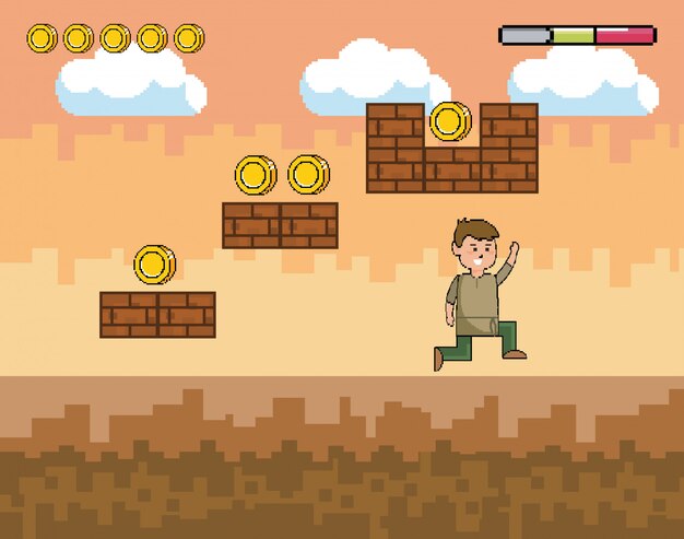 Mundo de juego de arcade y escena de píxeles.