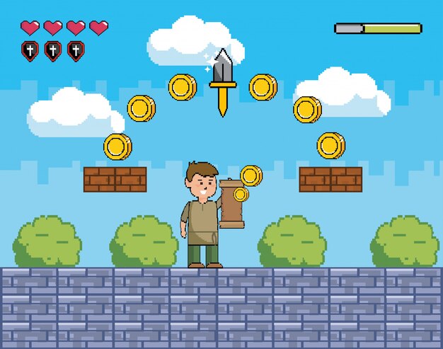 Mundo de juego de arcade y escena de píxeles.