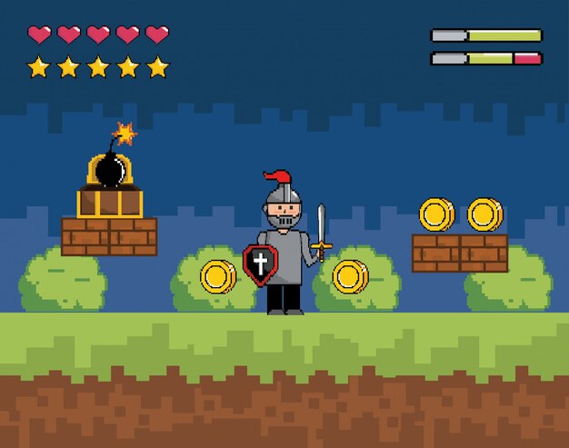 Mundo de juego de arcade y escena de píxeles.