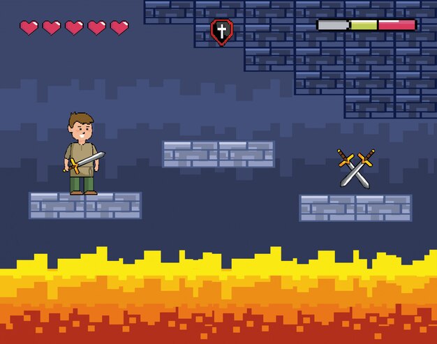Mundo de juego de arcade y escena de píxeles.