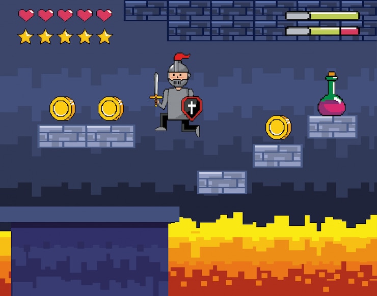 Vector gratuito mundo de juego de arcade y escena de píxeles.