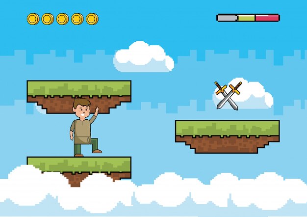 Mundo de juego de arcade y escena de píxeles.