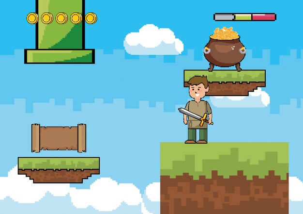 Mundo de juego de arcade y escena de píxeles.