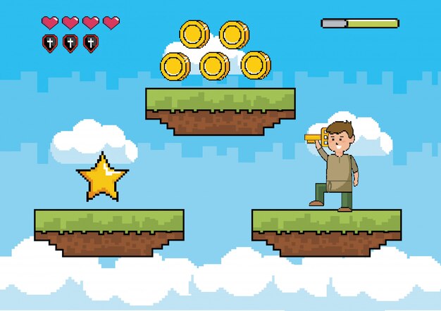 Mundo de juego de arcade y escena de píxeles.