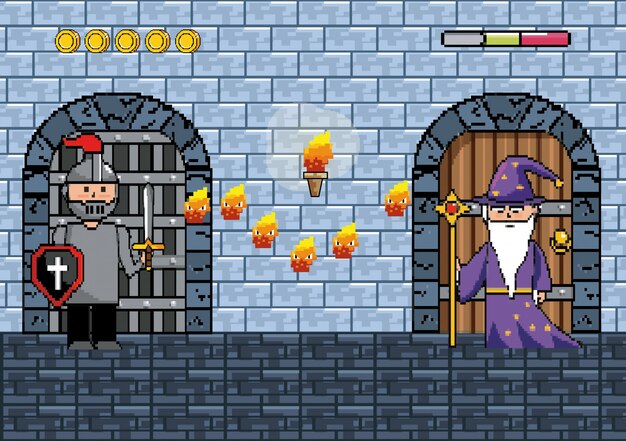 Mundo de juego de arcade y escena de píxeles.