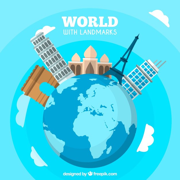 Mundo con sitios de referencia en estilo plano