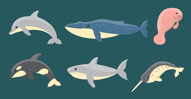 Mundo submarino con peces marinos flotantes en estilo de dibujos animados diferentes peces en el mar con ballenas, delfines y tiburones ilustración vectorial