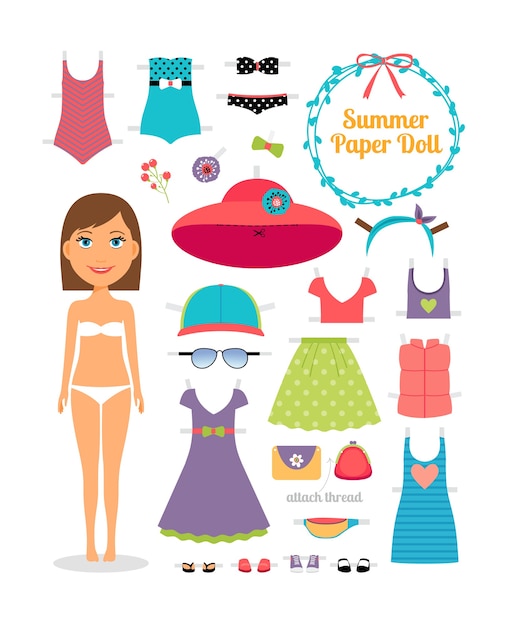 Muñeca de papel de verano. chica con vestido y sombrero. linda muñeca de papel de vestir. plantilla de cuerpo, atuendo y accesorios. colección de verano.