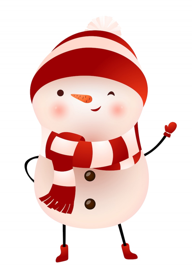 Vector gratuito muñeco de nieve en bufanda y gorra guiñando un ojo y agitando la ilustración
