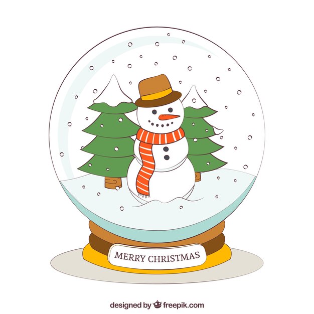 Muñeco de nieve dibujado a mano dentro de una bola de cristal