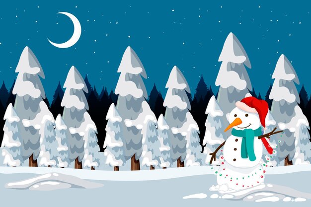 Muñeco de nieve de navidad en la nieve en la escena nocturna