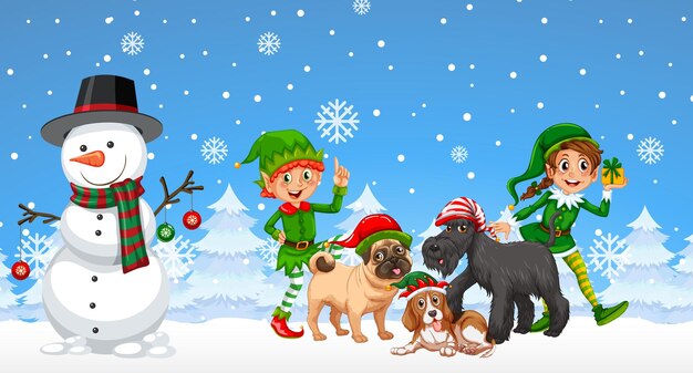 Muñeco de nieve de navidad y perros sobre fondo azul nevado