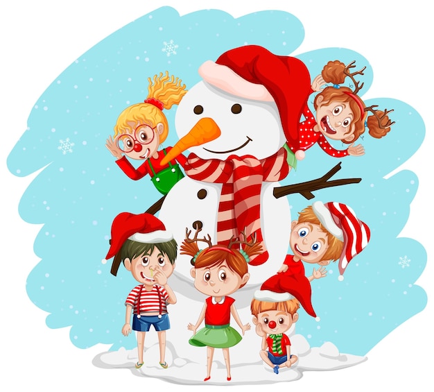 Vector gratuito muñeco de nieve de navidad con personaje de dibujos animados de niños felices