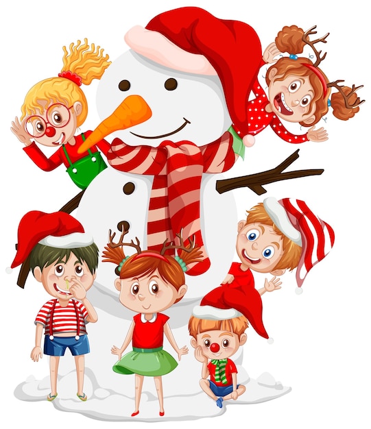 Vector gratuito muñeco de nieve de navidad con personaje de dibujos animados de niños felices