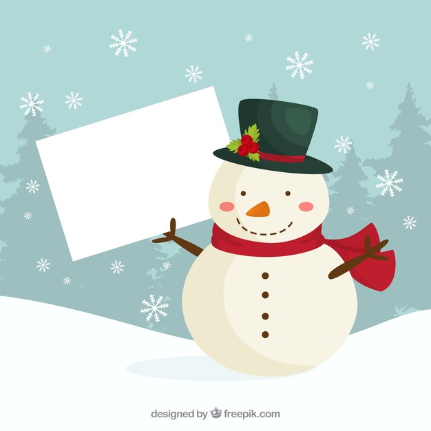 Muñeco de nieve navideño con cartel en blanco