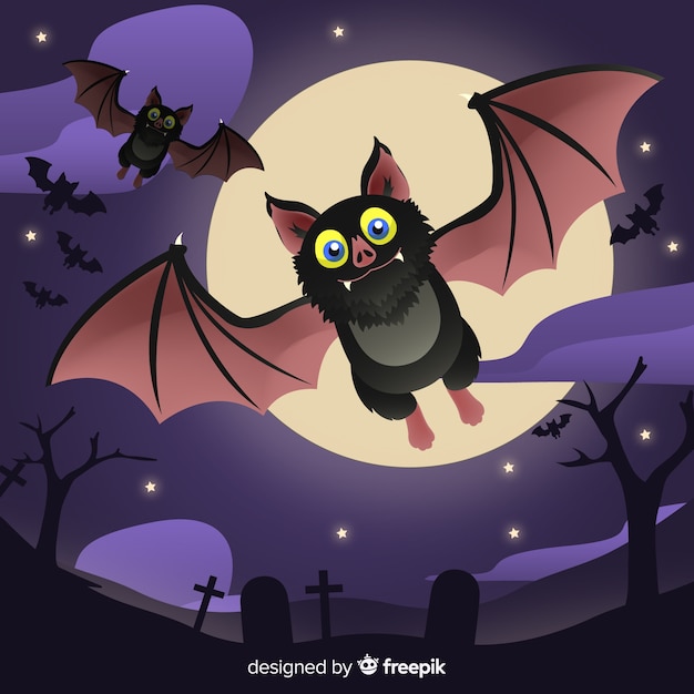 Vector gratuito murciélago adorable de halloween con diseño plano
