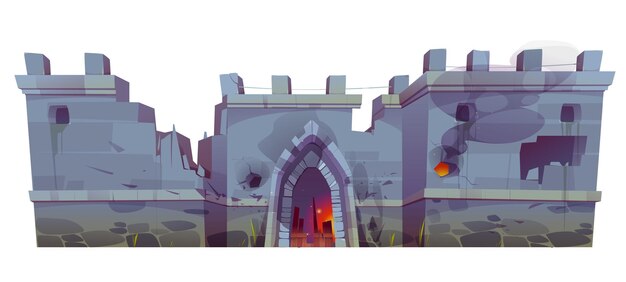 Muro de castillo medieval destruido con puerta rota