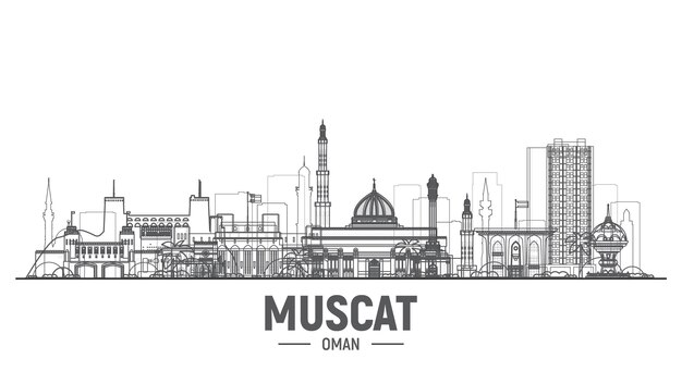 Muscat Oman line city skyline Stroke vector illustration Concepto de turismo y viajes de negocios con edificios modernos Imagen para banner o sitio web