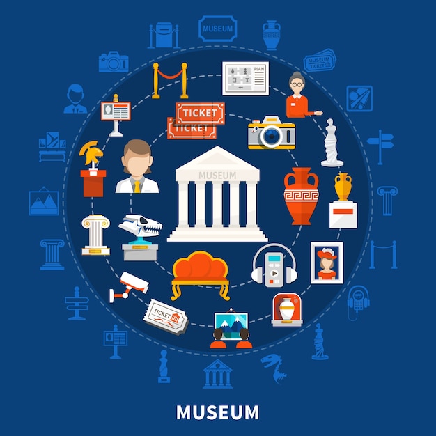 Museo de fondo azul con iconos de color en diseño redondo que incluyen artefactos históricos arqueológicos de paleontología y objetos de arte planos