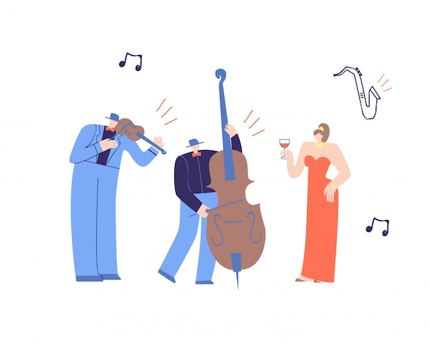 Música gente tocando música clásica plana de dibujos animados