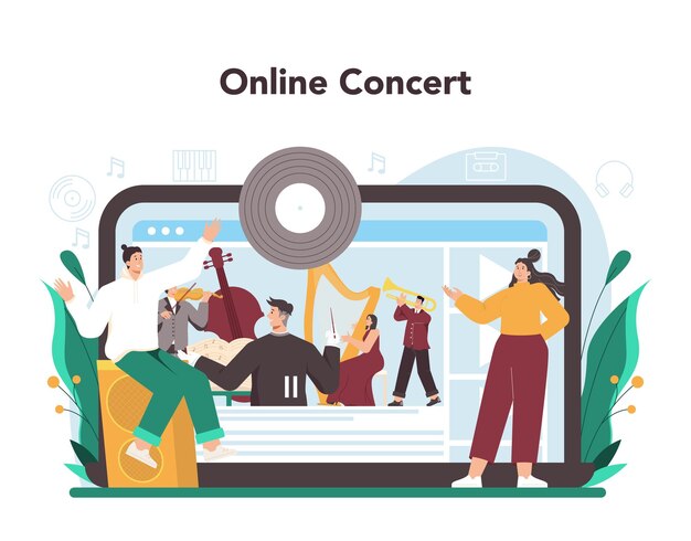 Músico profesional tocando instrumentos musicales servicio o plataforma en línea Actuación de músicos talentosos Concierto en línea Vector ilustración plana