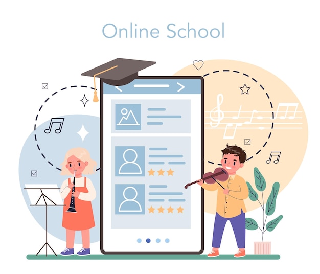 Músico servicio o plataforma en línea Artista musical tocando instrumentos Joven intérprete haciendo música con equipo Escuela en línea Vector ilustración plana