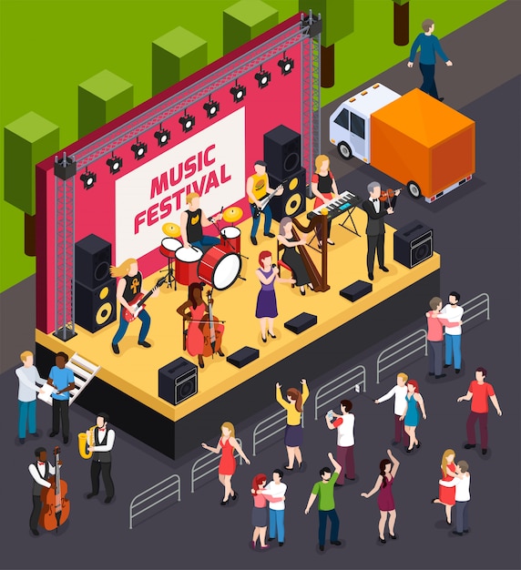 Músicos durante la actuación en la escena del festival de música y composición isométrica de los visitantes de baile