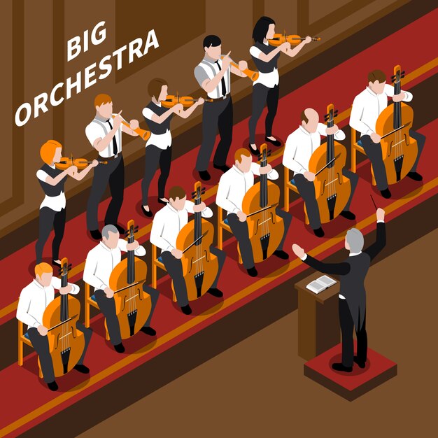 Músicos de orquesta y director de orquesta en concierto de música clásica composición isométrica 3d ilustración vectorial