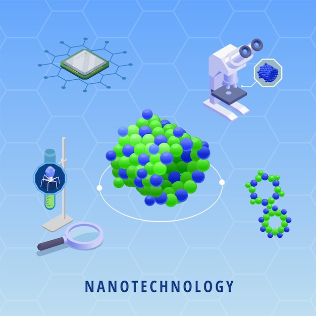 Vector gratuito nanotecnología nanomedicina tecnologías innovadoras con microchip microscopio adn sobre fondo de color ilustración vectorial isométrica