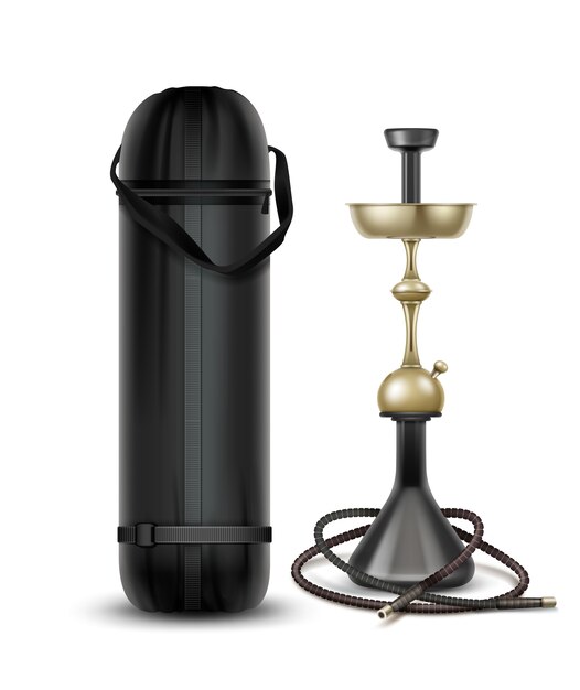 Nargile de oro vector para fumar tabaco de metal con manguera de narguile y bolsa de transporte aislado sobre fondo blanco.